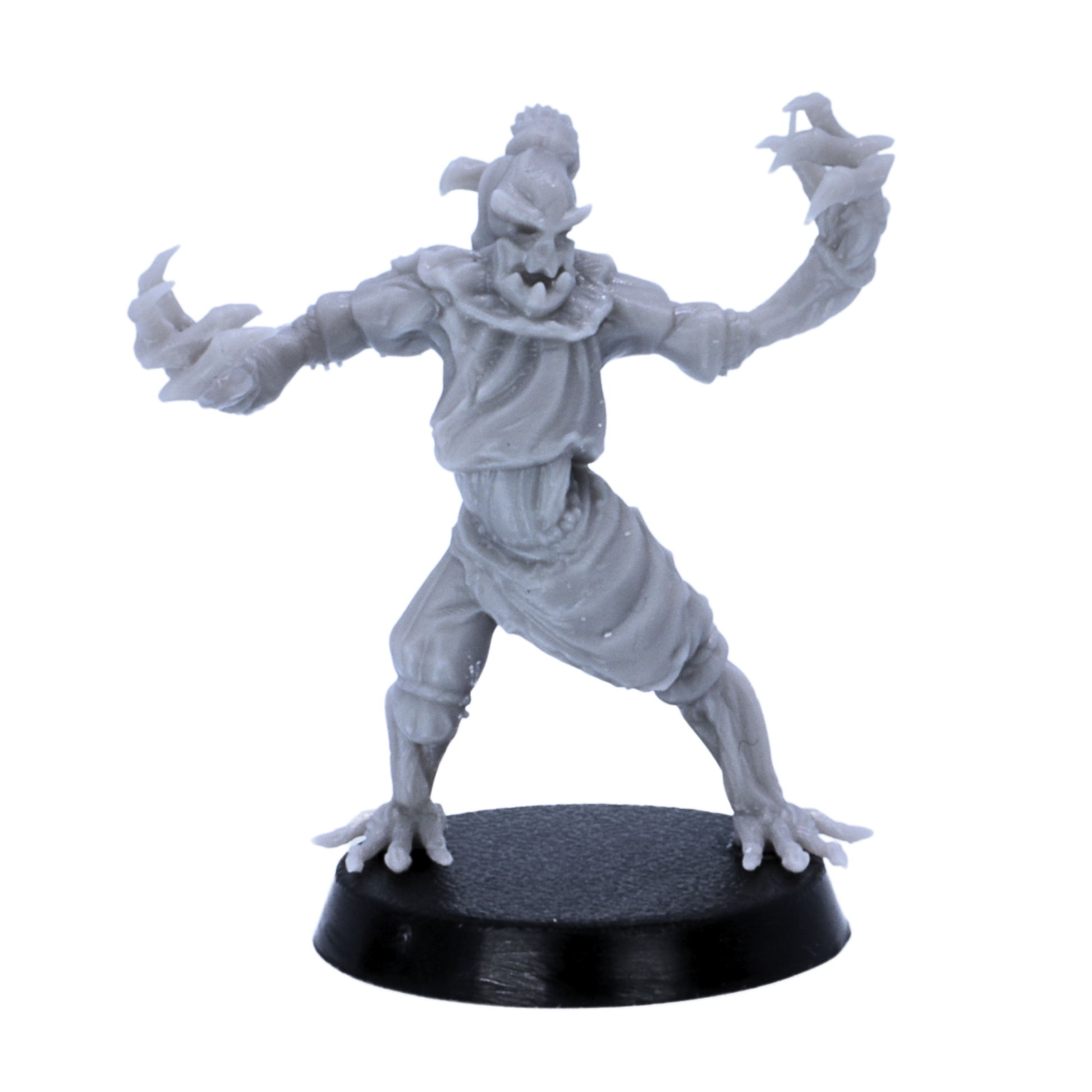 Unpainted scarecrow miniature in a wide clawed pose on a round base.