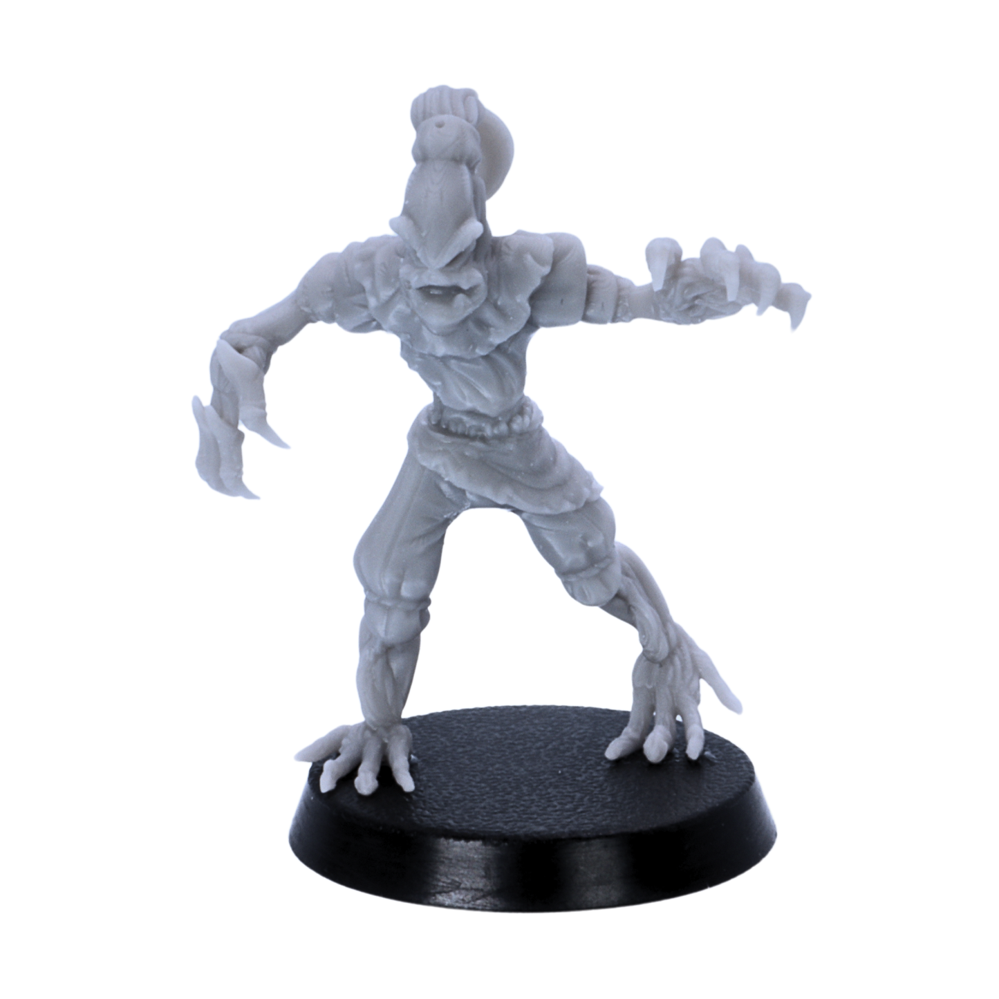 Unpainted scarecrow miniature in a crouched attacking pose on a round base.