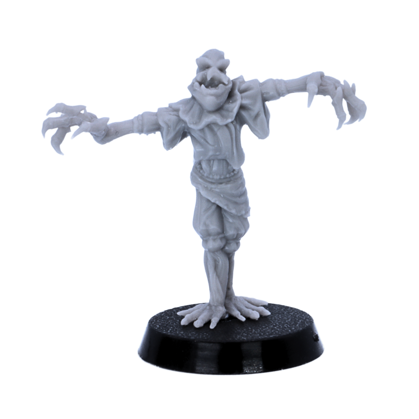 Unpainted scarecrow miniature standing upright with outstretched arms on a round base.