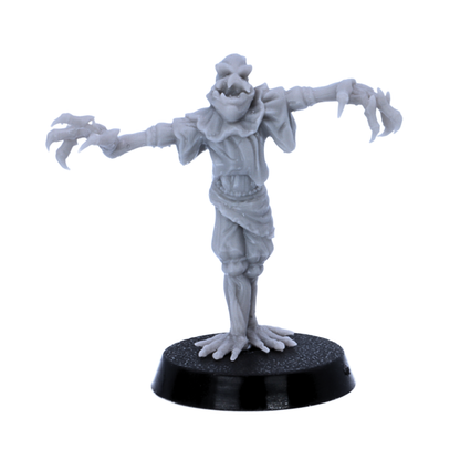 Unpainted scarecrow miniature standing upright with outstretched arms on a round base.