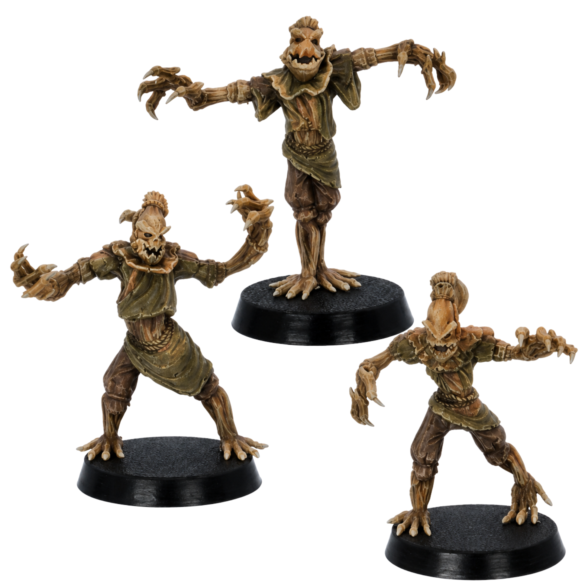 Painted Scarecrows by Epic Miniatures showing three creepy scarecrow miniatures on round bases.