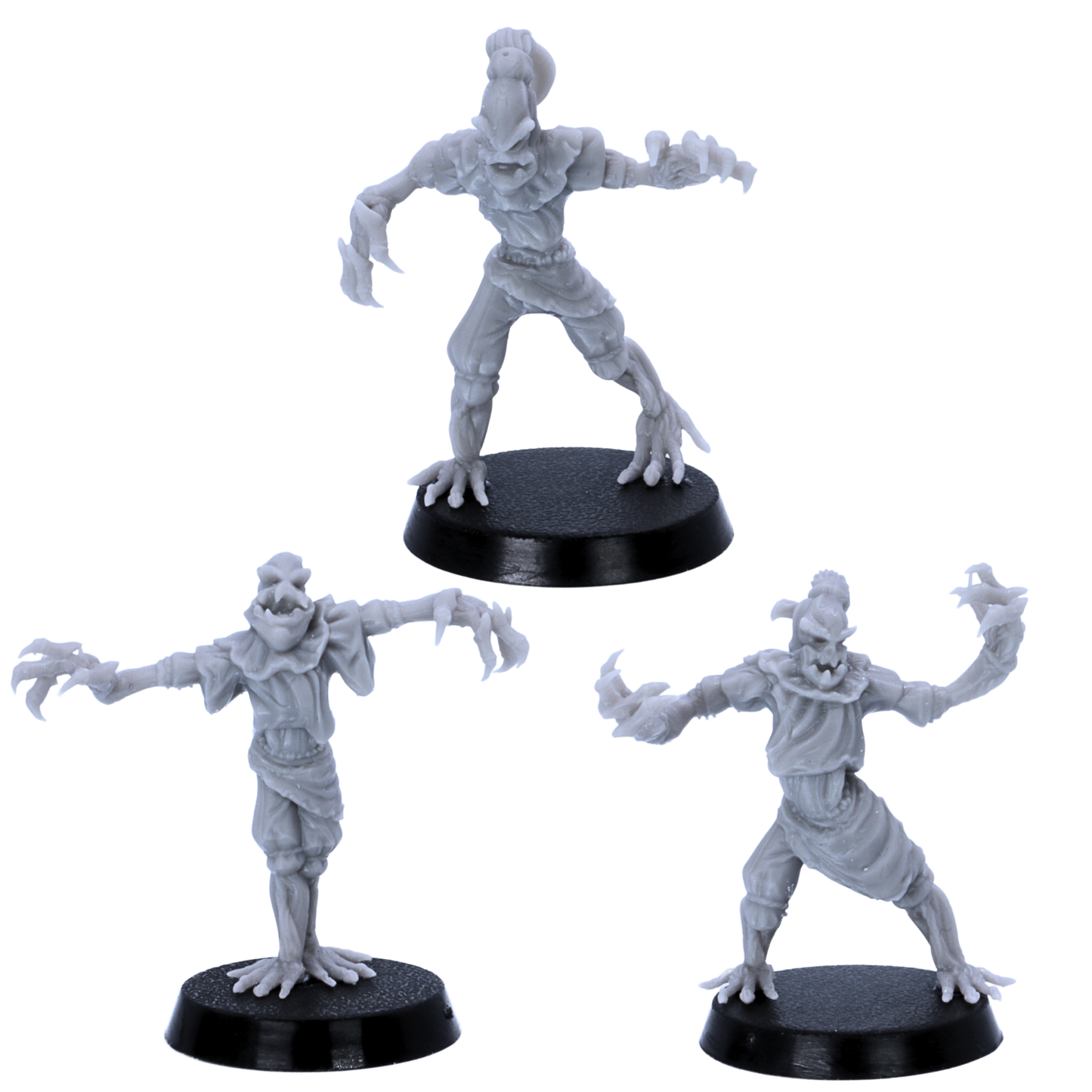 Unpainted Scarecrows set by Epic Miniatures showing three scarecrow miniatures on round bases.