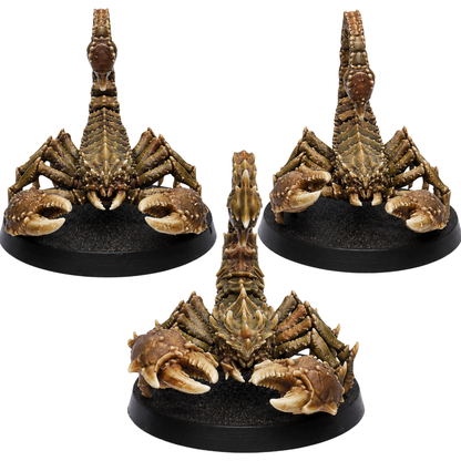 Painted Scorpions set of 3 by Epic Miniatures showing giant fantasy scorpions with oversized pincers, segmented armoured bodies, arched tails, and venomous stingers.
