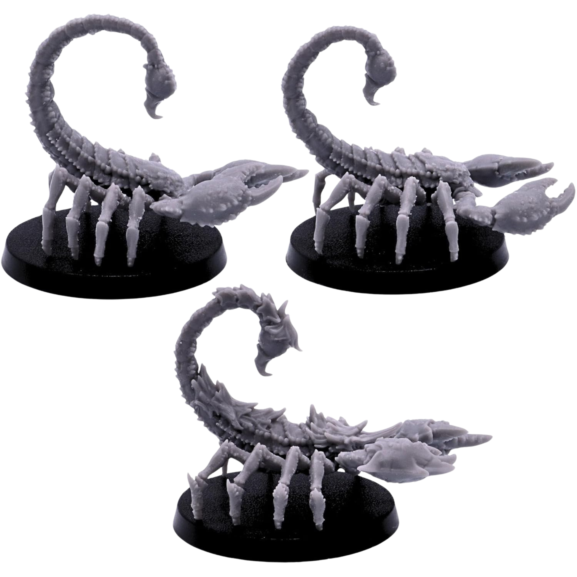 Unpainted Scorpion miniatures shown from alternate side angles with detailed pincers, carapace textures, segmented tails, and raised venomous stingers.