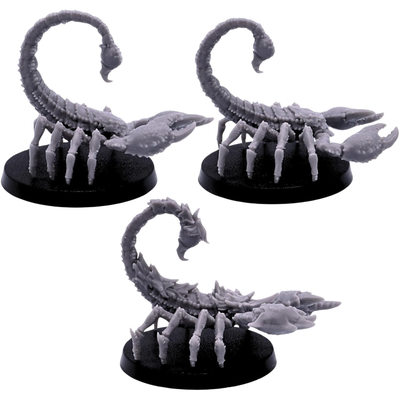 Unpainted Scorpion miniatures shown from alternate side angles with detailed pincers, carapace textures, segmented tails, and raised venomous stingers.