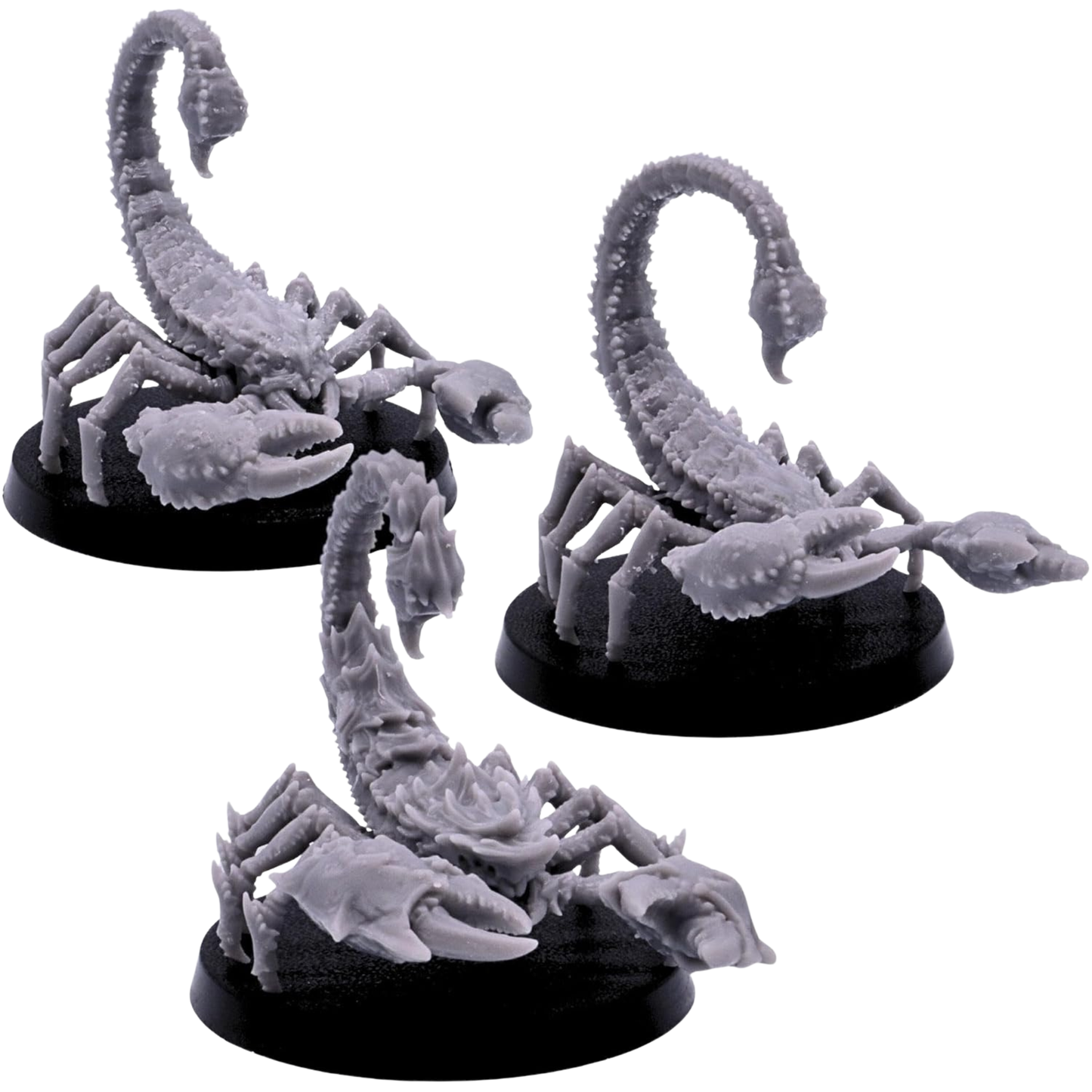 Unpainted set of three giant Scorpion miniatures by Epic Miniatures shown from angled views with large claws, jointed legs, and raised tails.