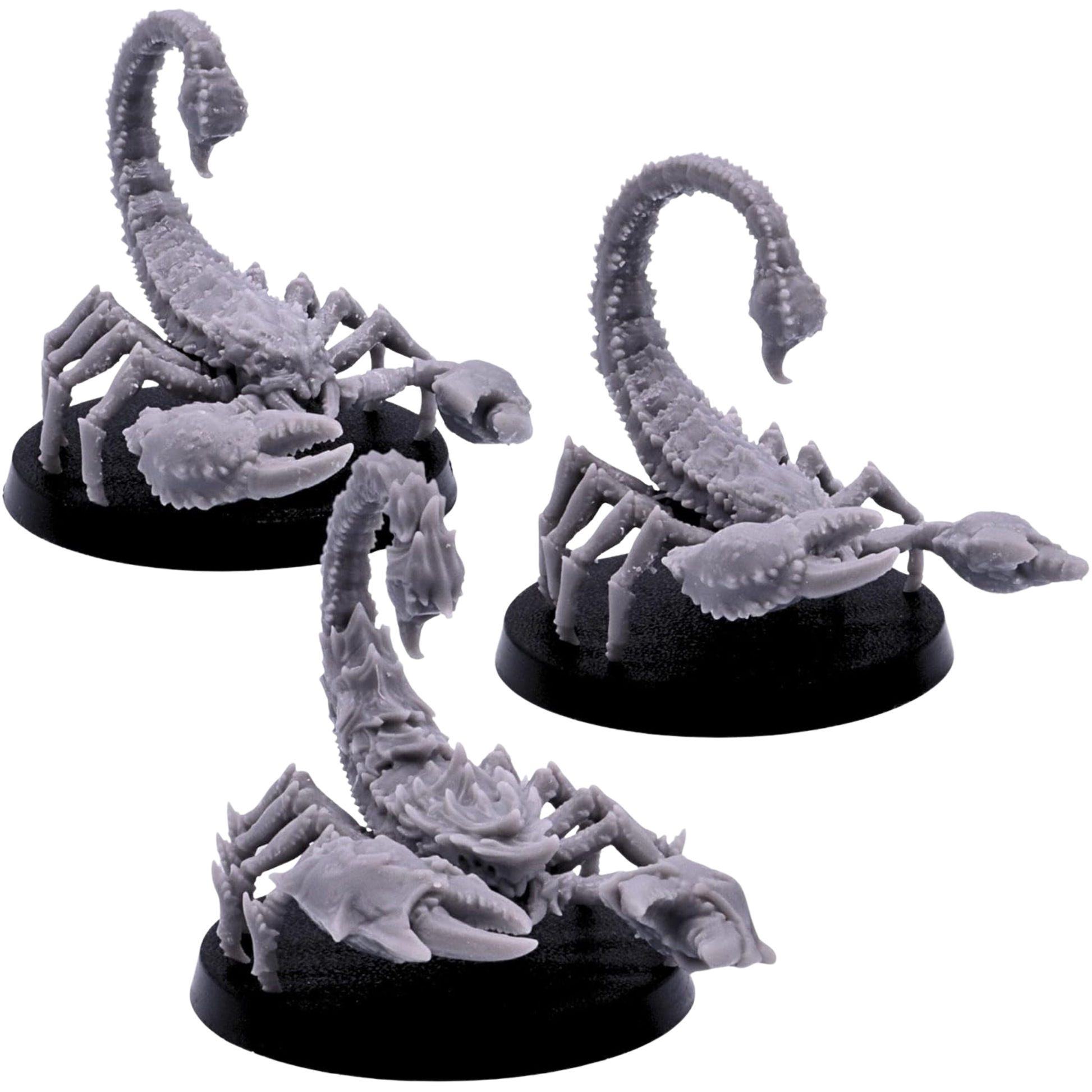 Unpainted set of three giant Scorpion miniatures by Epic Miniatures shown from angled views with large claws, jointed legs, and raised tails.