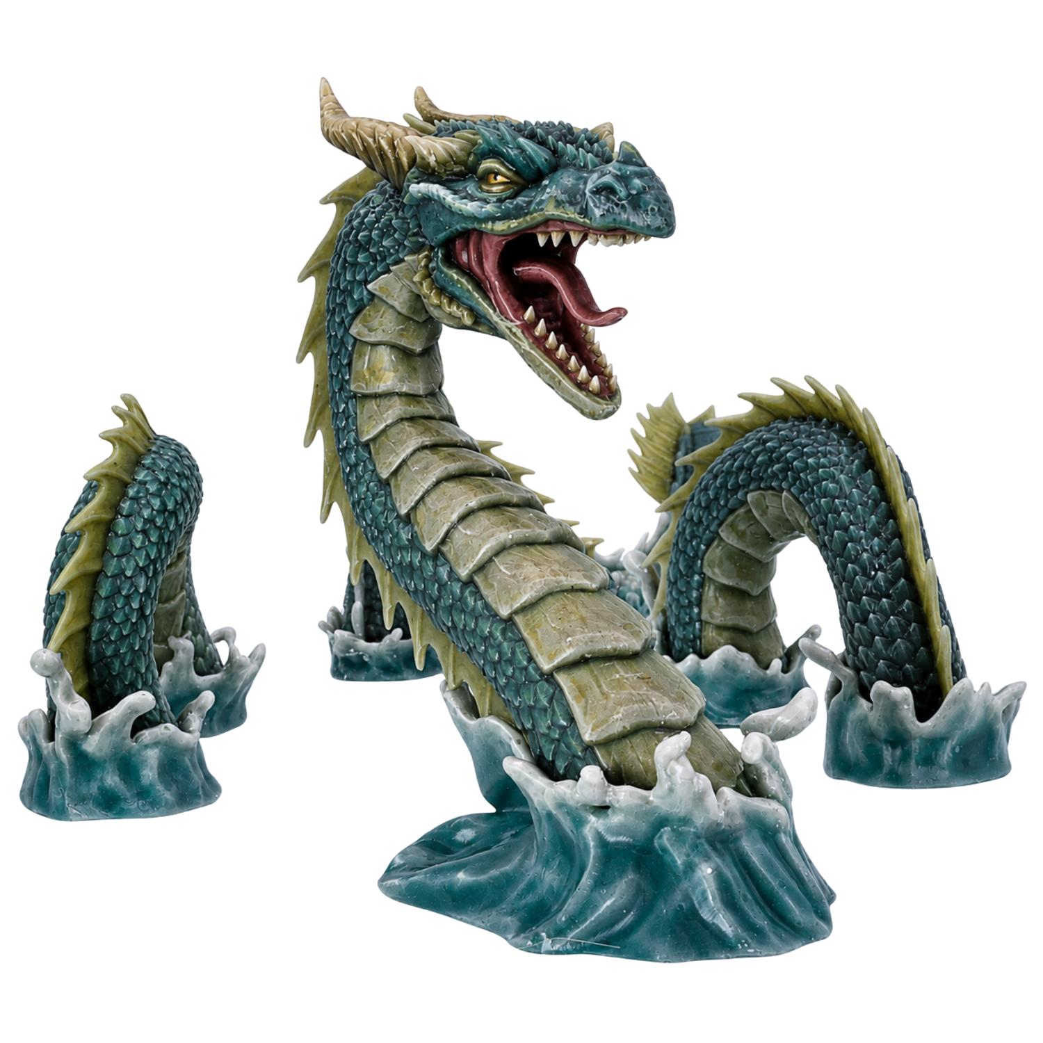 Painted Sea Serpent miniature by Epic Miniatures with teal scales, open jaws, and water splash sections.