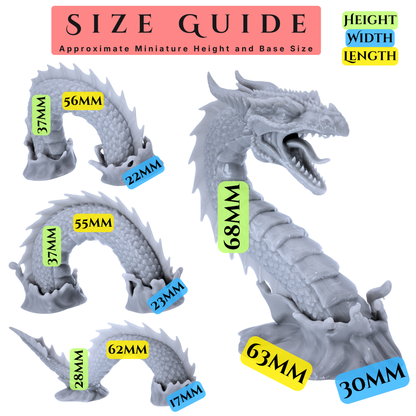 Size guide for Sea Serpent miniature showing approximate height, width, and length measurements for the 4 body sections.