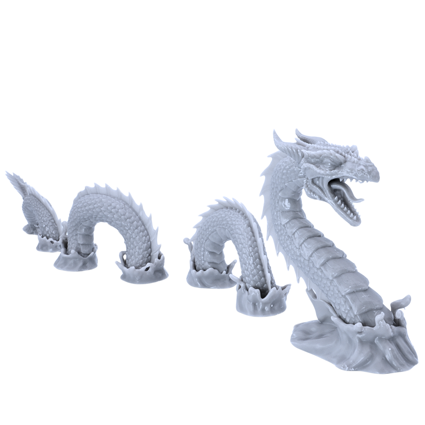 Angled view of unpainted Sea Serpent miniature set with multiple water sections for fantasy tabletop games.