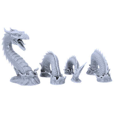 Unpainted Sea Serpent 4-part set showing separate serpent body sections emerging from the water.