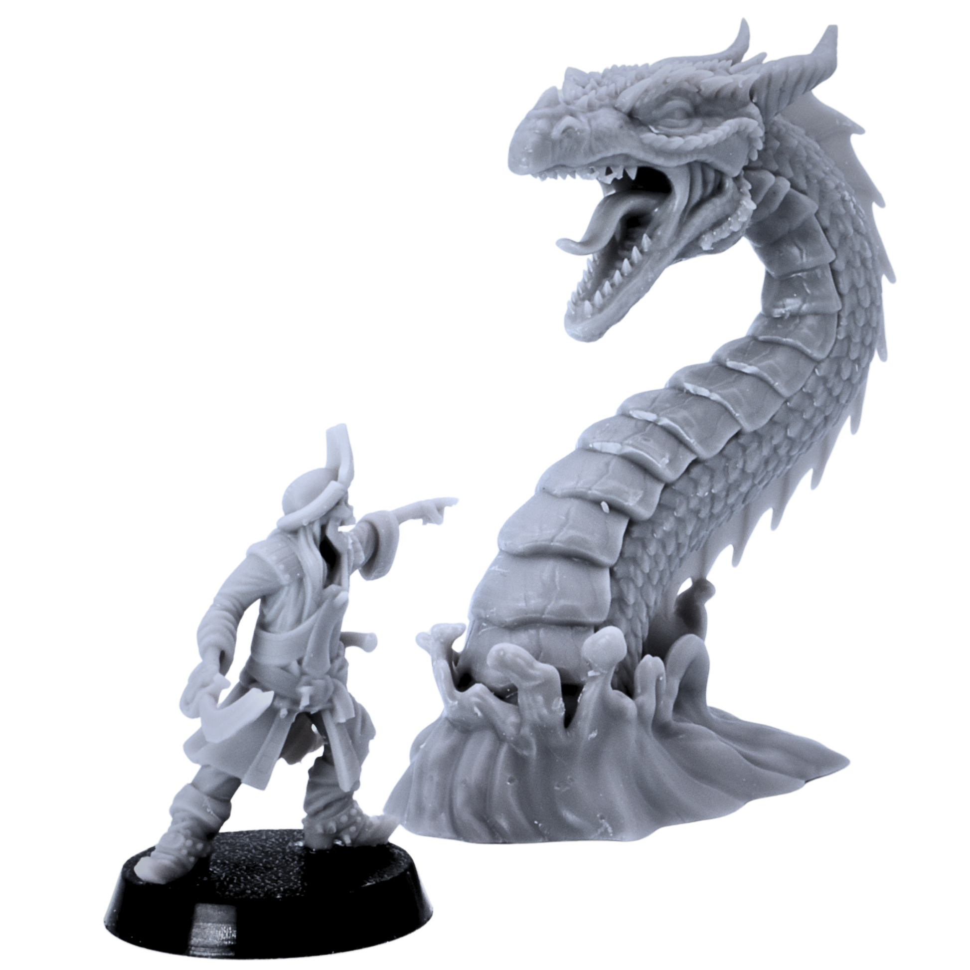Unpainted Sea Serpent head and neck section with open jaws, scales, horns, and wave base details.