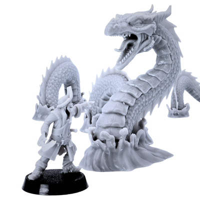Unpainted Sea Serpent miniature shown beside a 28mm to 32mm scale character for tabletop scale comparison.