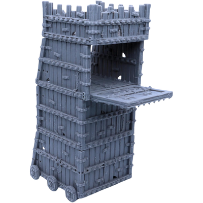Unpainted Siege Tower with open upper fighting level and lowered wooden assault bridge for fortress battle scenarios.
