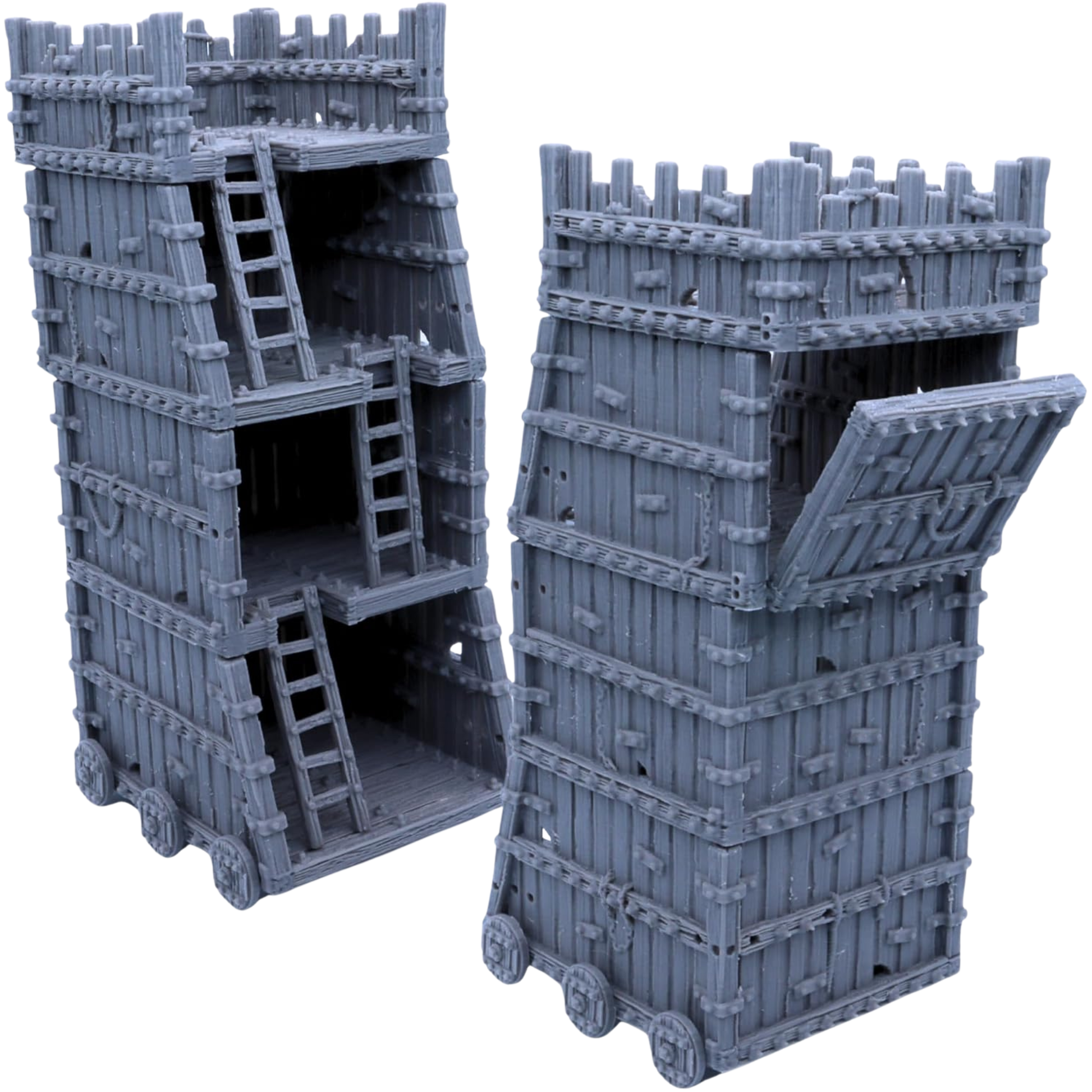28mm Siege Tower shown from front and rear with playable interior floors, ladders, battlements, and hinged assault ramp.