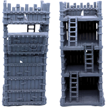 Front and rear views of the Siege Tower displaying accessible interior floors, climbing ladders, and open troop platforms.