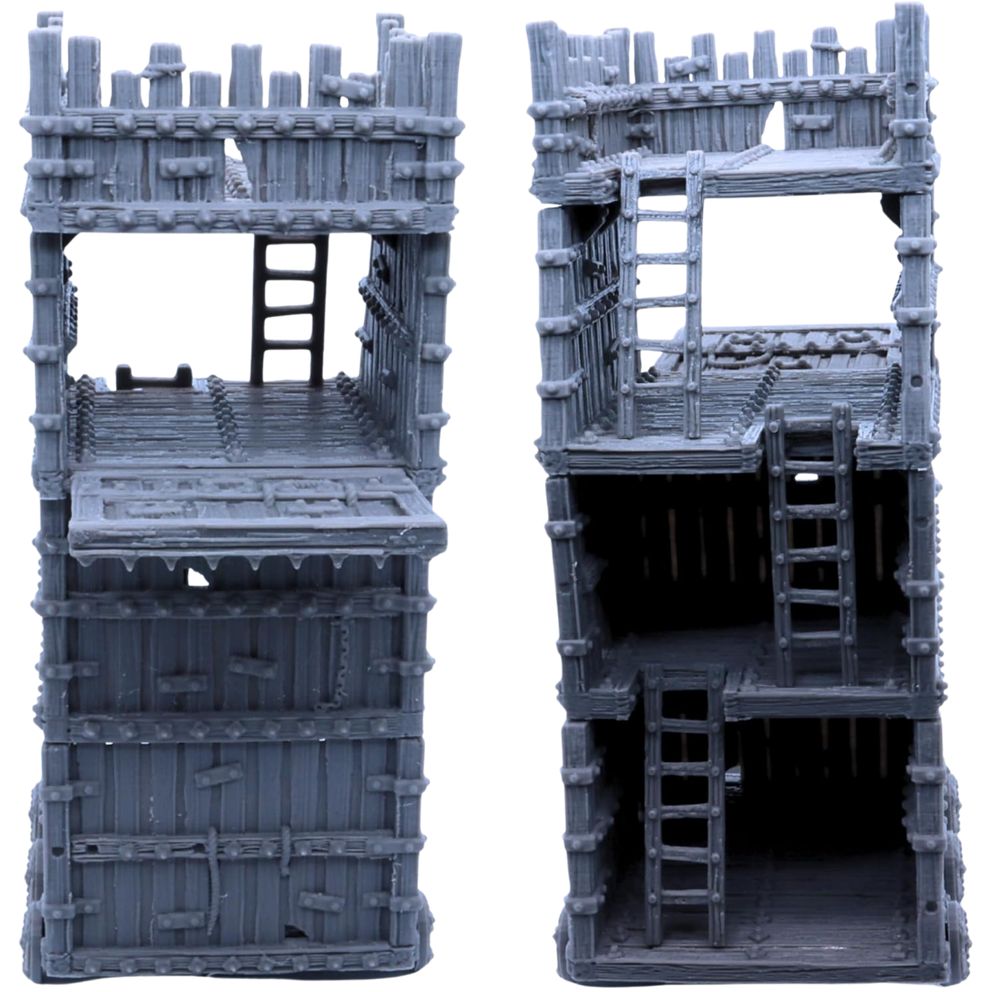 Detailed 28mm wooden Siege Tower interior with stacked playable floors, ladders, upper battlements, and assault platform.