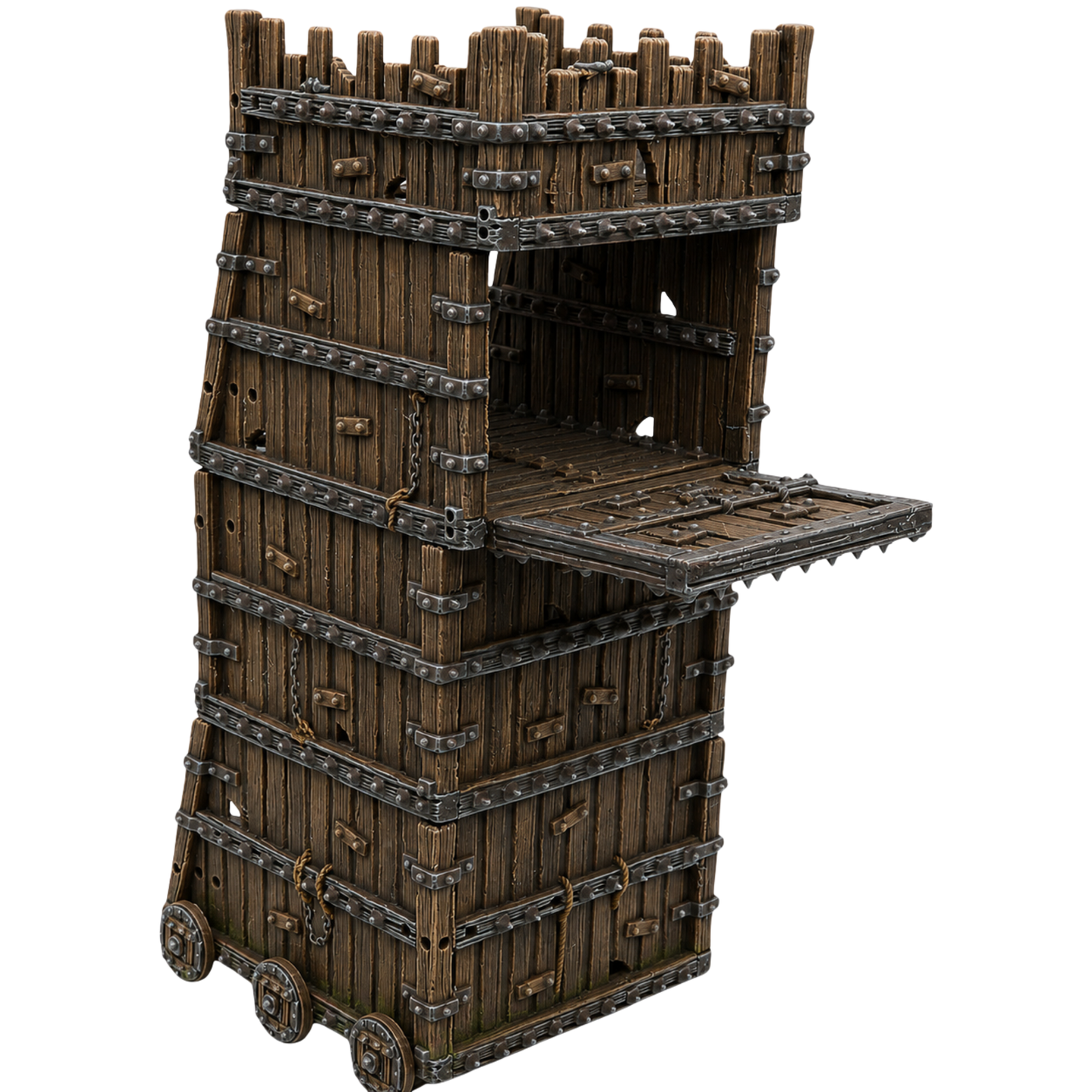 Painted 28mm Siege Tower by Printable Scenery with reinforced timber walls, metal bands, wheels, battlements, and lowered assault bridge.