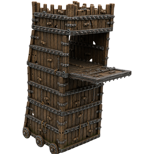 Painted 28mm Siege Tower by Printable Scenery with reinforced timber walls, metal bands, wheels, battlements, and lowered assault bridge.