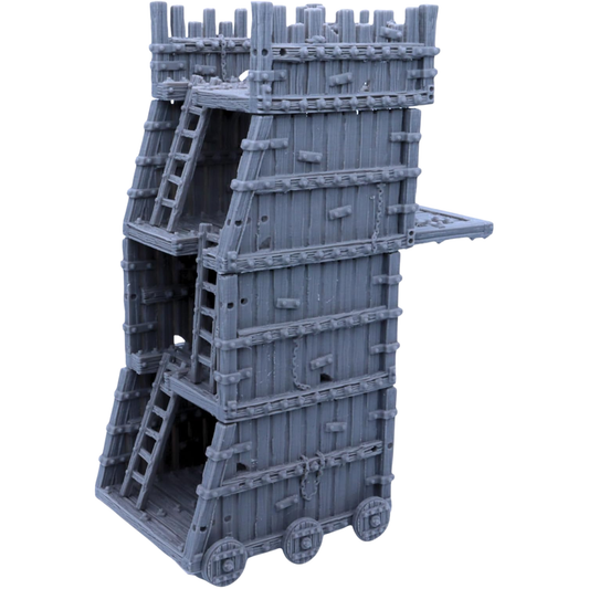Unpainted 28mm Siege Tower terrain showing multiple wooden levels, ladders, wheels, and fortified upper platform.