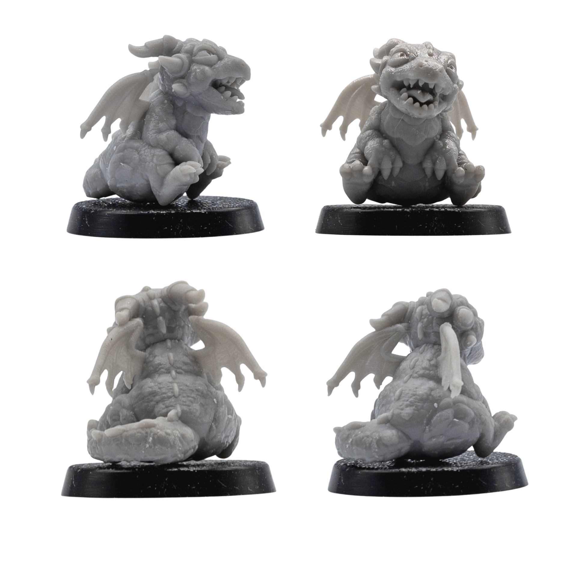 Unpainted sitting baby dragon familiar miniature with small wings and curled tail on a 25mm round base.