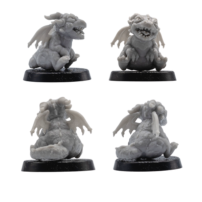Unpainted sitting baby dragon familiar miniature with small wings and curled tail on a 25mm round base.