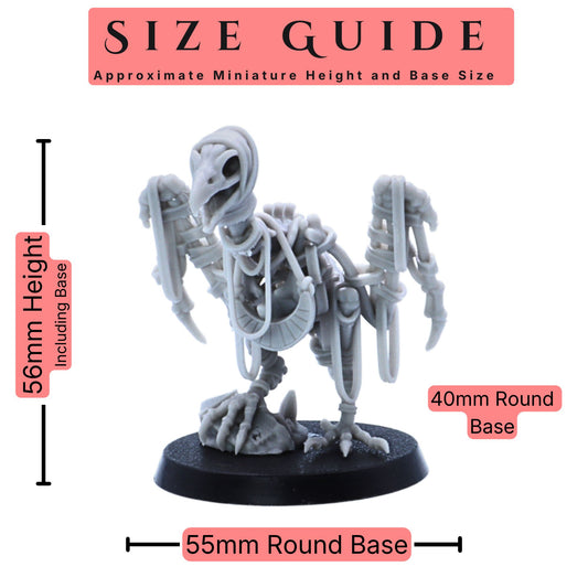 Skeletal Vultures set of 3 32mm scale miniatures size guide showing an approximate 56mm height including base and 40mm round base size.