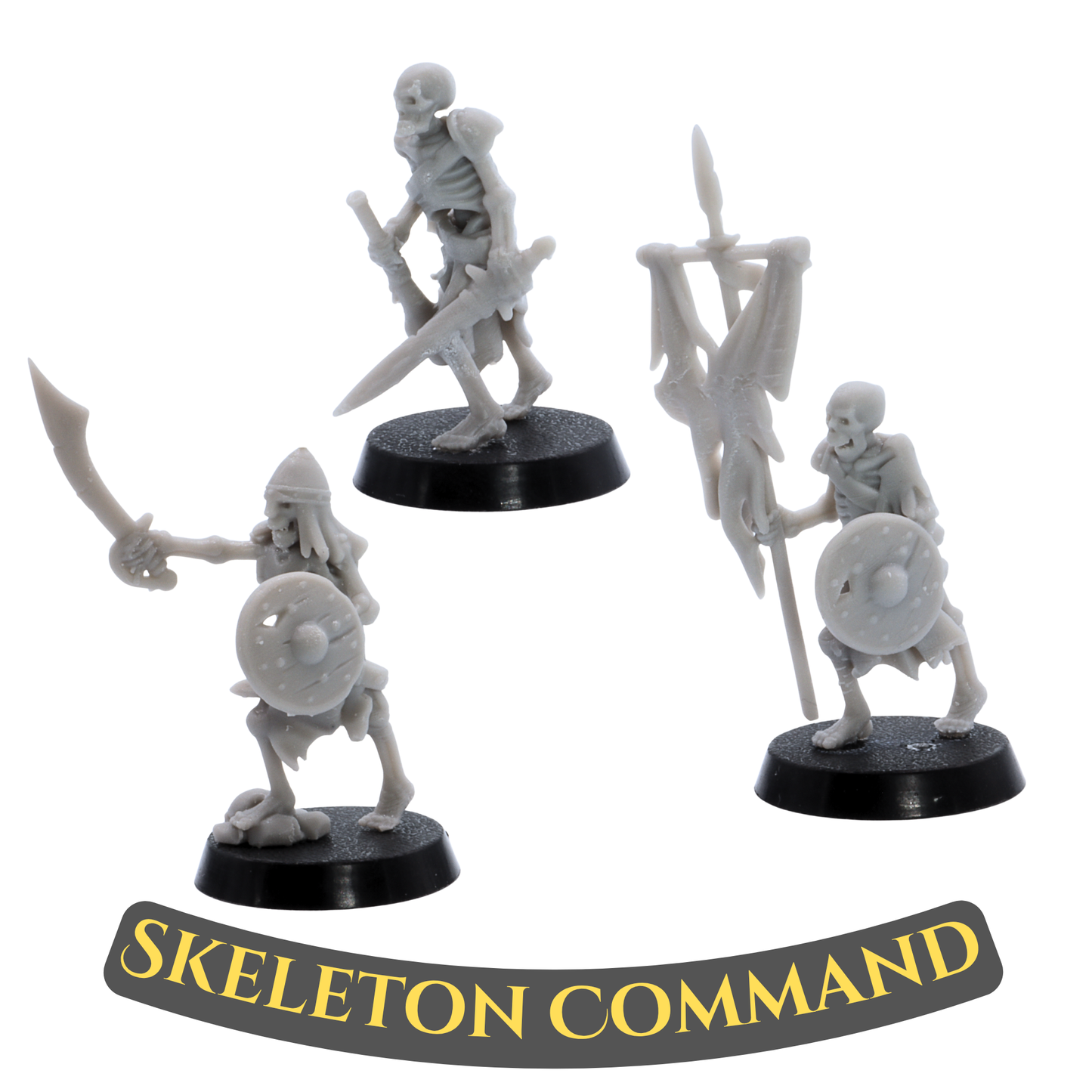 Unpainted Skeleton Command miniatures by Highlands Miniatures including sword bearer, shield skeleton, and banner bearer on 25mm round bases.