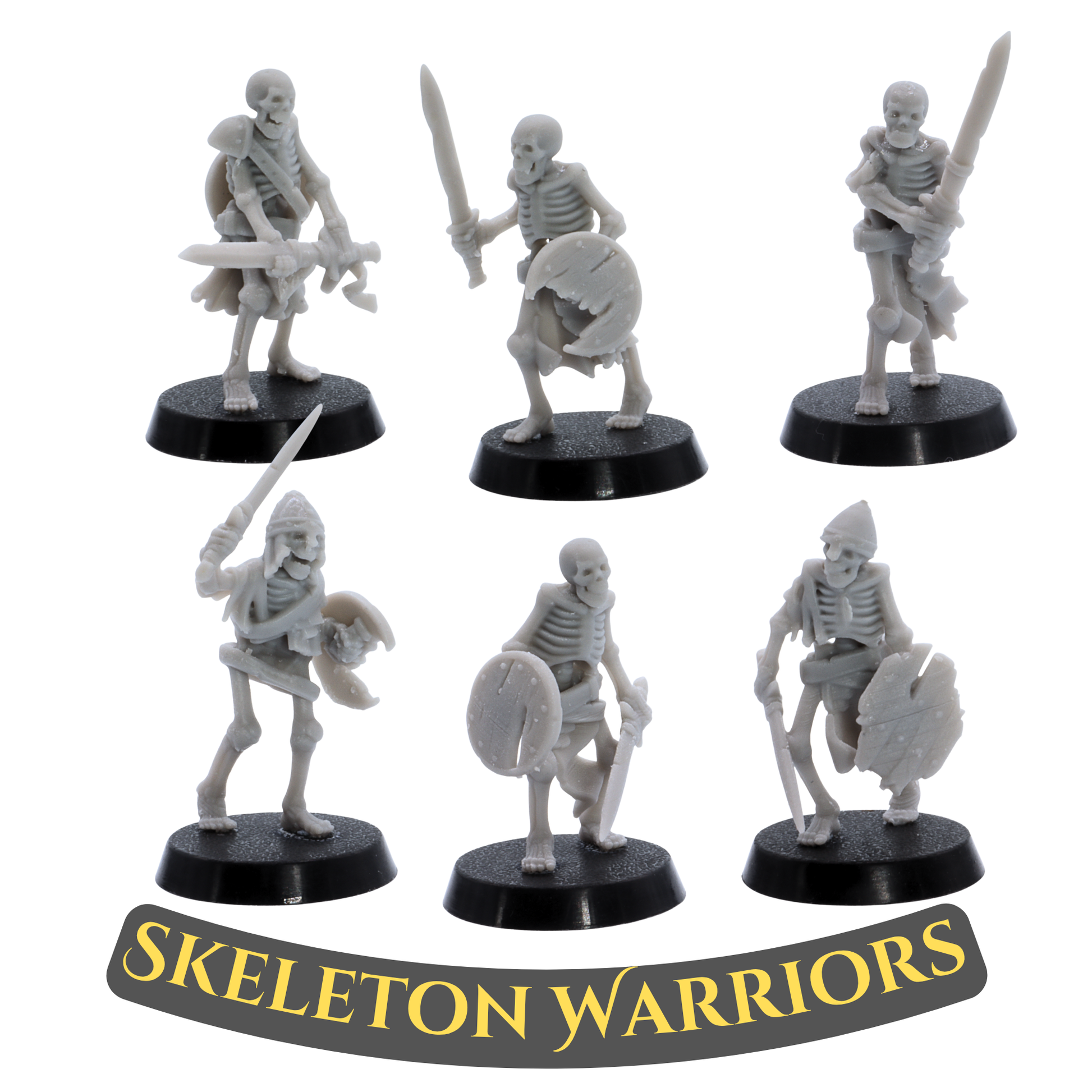 Unpainted Skeleton Warriors miniatures by Highlands Miniatures with swords, shields, armour, and 25mm round bases.