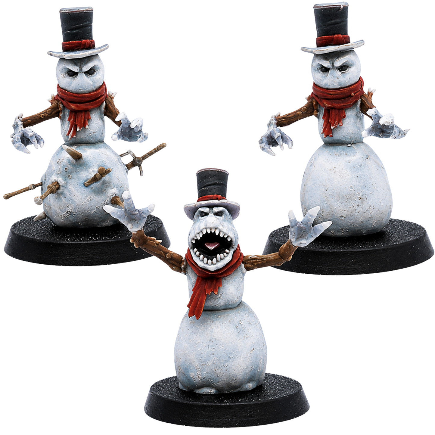 Painted Snowmen set of 3 by Epic Miniatures showing creepy fantasy snow creatures with top hats, scarves, branch arms, embedded weapons, and monstrous expressions.
