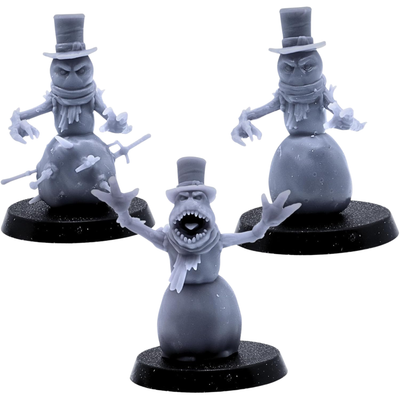 Front views of the three unpainted Snowmen miniatures including an angry snowman, weapon-covered snowman, and open-mouthed monster with raised arms.