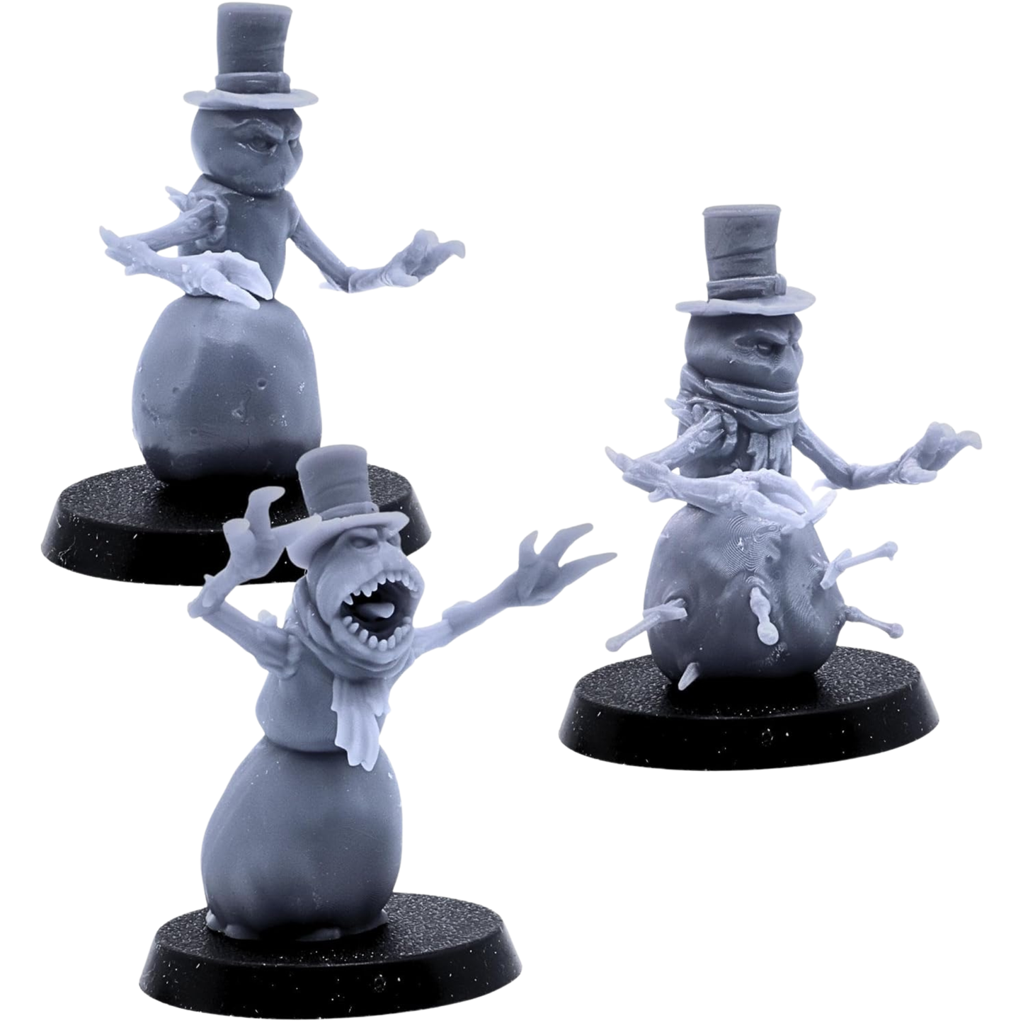 Unpainted Snowmen set of three by Epic Miniatures showing three distinct winter monster poses on 25mm round bases.