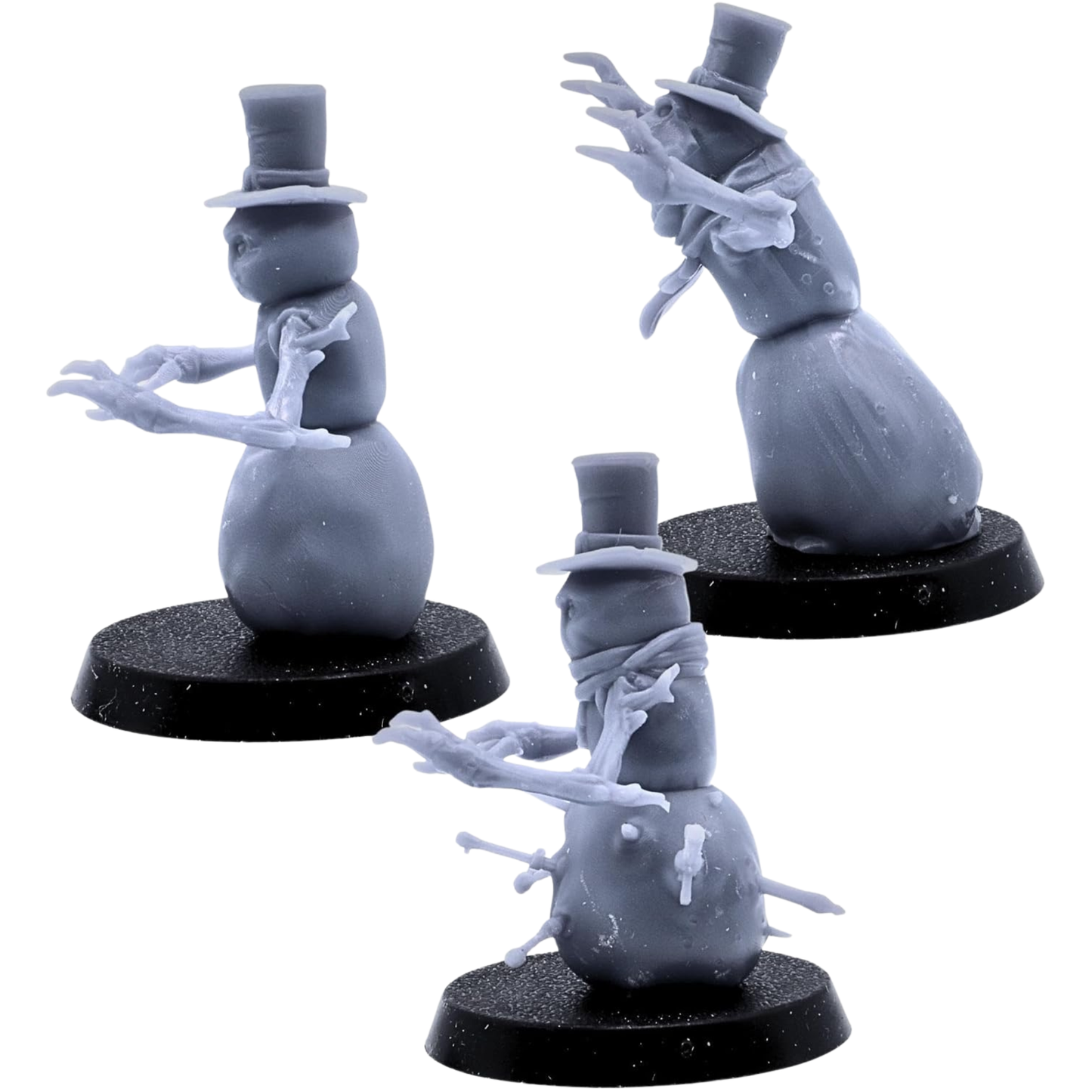 Unpainted fantasy Snowmen miniatures shown from multiple angles with sinister expressions, top hats, branch limbs, and winter horror details.