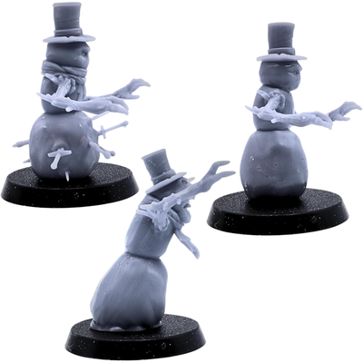 Unpainted Snowmen miniatures shown from side angles highlighting branch-like arms, scarves, hats, snow bodies, and varied poses.