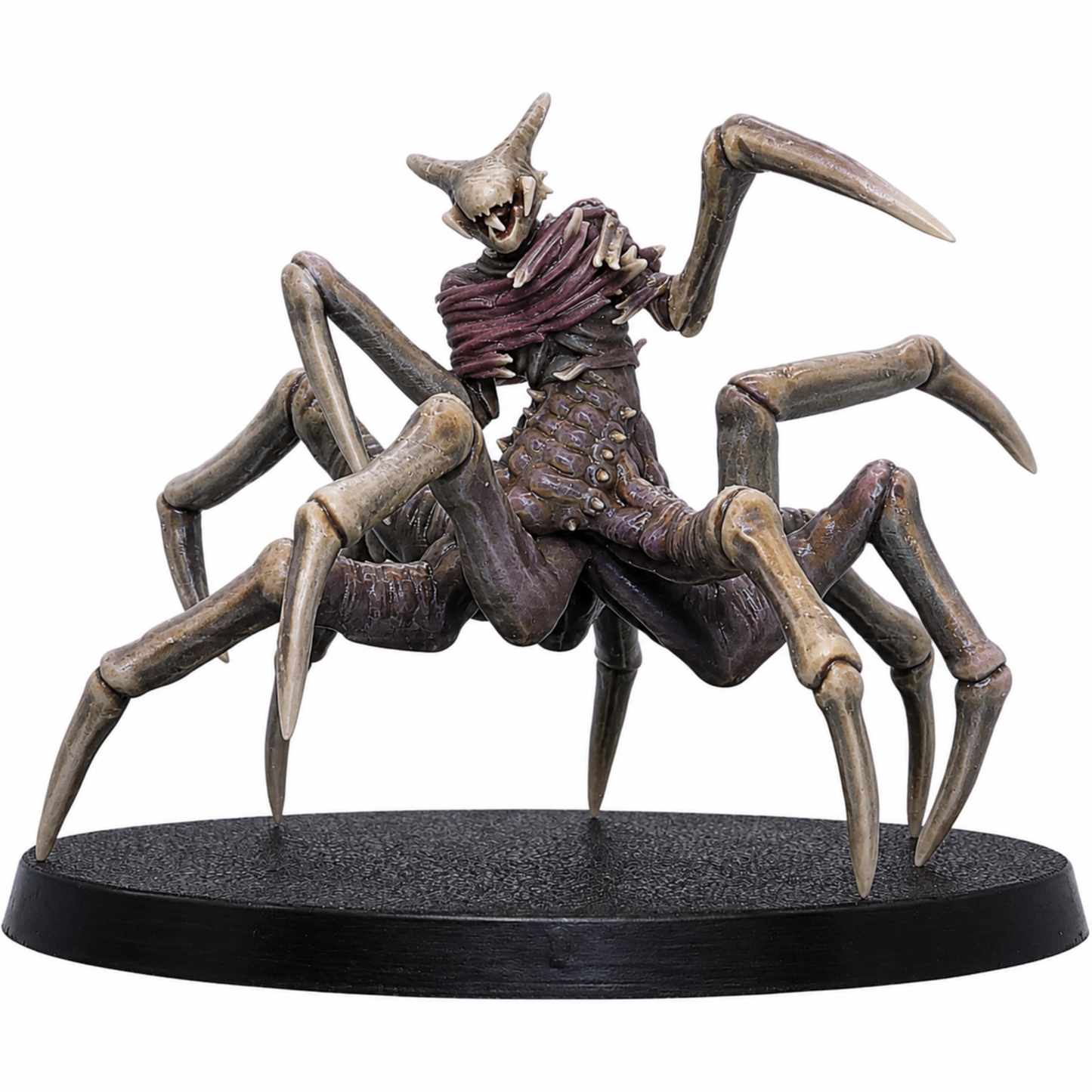 Painted Spider of Leng miniature by Epic Miniatures showing a grotesque humanoid spider creature with eight long legs, skeletal features, horned head, and ragged cloth.