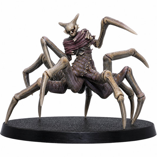 Painted Spider of Leng miniature by Epic Miniatures showing a grotesque humanoid spider creature with eight long legs, skeletal features, horned head, and ragged cloth.