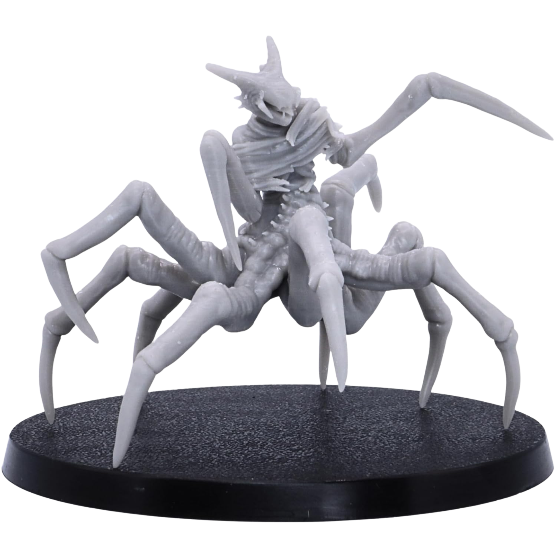 Unpainted Spider of Leng miniature shown from the front with eight pointed spider legs, humanoid torso, horned head, and 50mm round base.