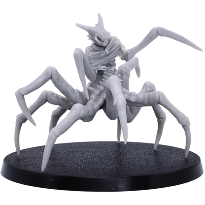 Unpainted Spider of Leng miniature shown from the front with eight pointed spider legs, humanoid torso, horned head, and 50mm round base.