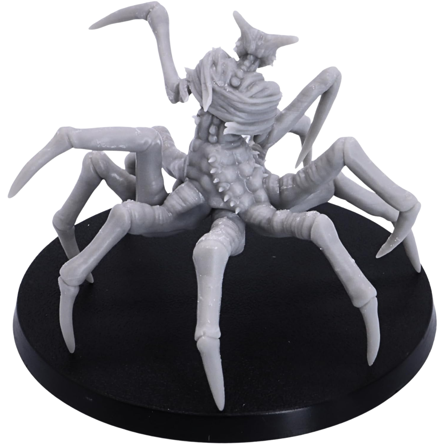 Rear view of the unpainted Spider of Leng miniature showing segmented spider legs, textured abdomen, ragged cloth, and grotesque anatomical details.