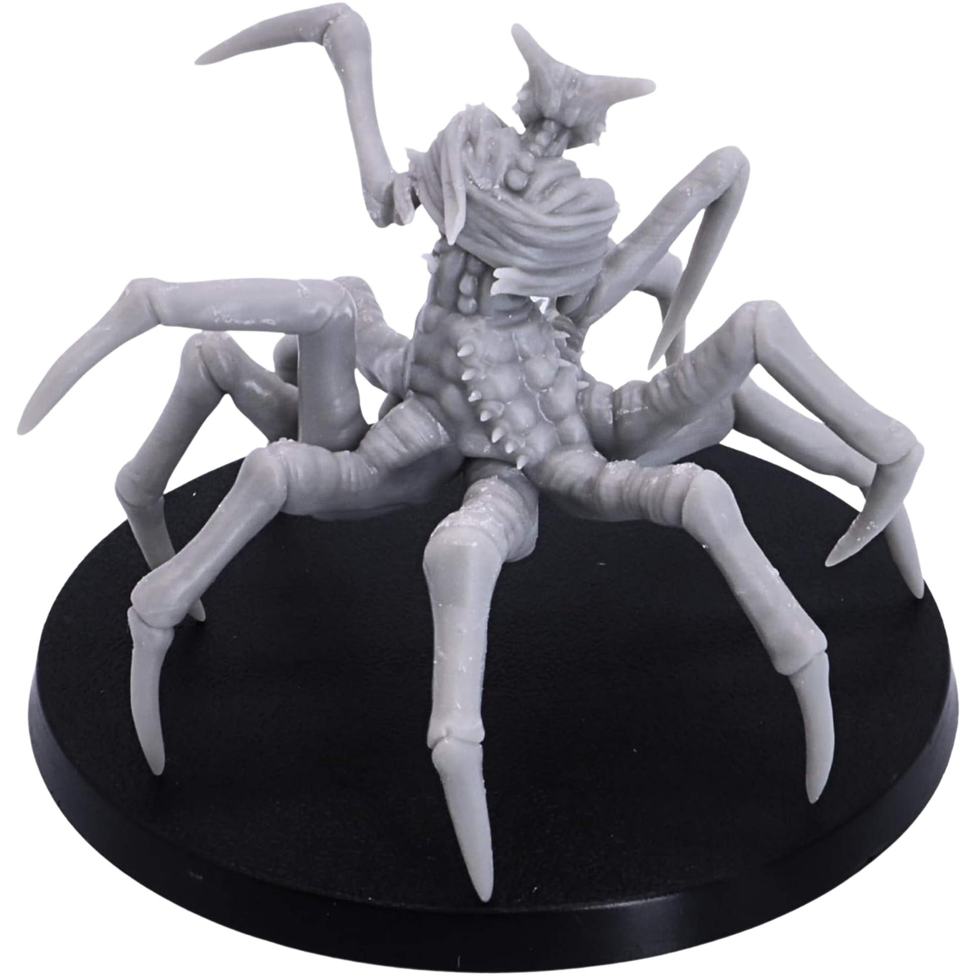 Rear view of the unpainted Spider of Leng miniature showing segmented spider legs, textured abdomen, ragged cloth, and grotesque anatomical details.