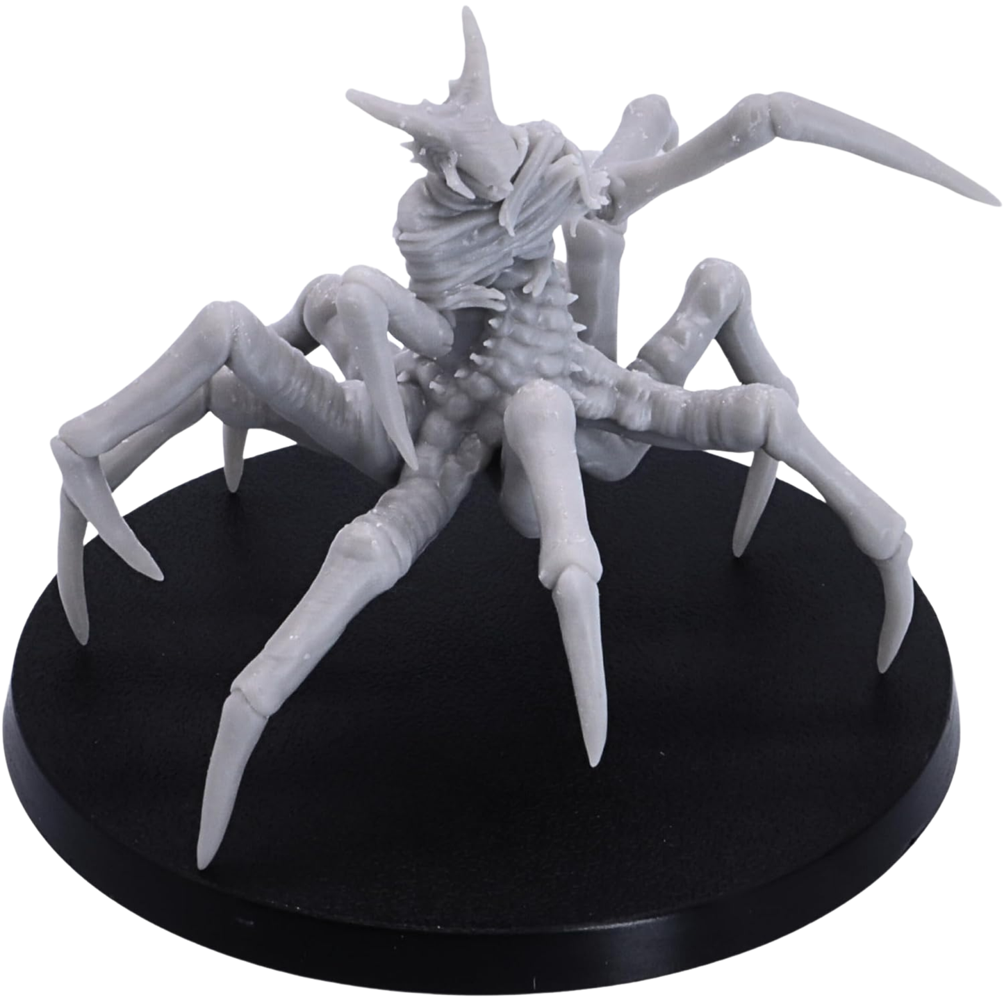 Side view of the unpainted Spider of Leng miniature with long articulated spider legs, skeletal torso, horned head, and raised attacking limb.