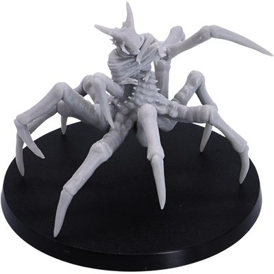 Side view of the unpainted Spider of Leng miniature with long articulated spider legs, skeletal torso, horned head, and raised attacking limb.