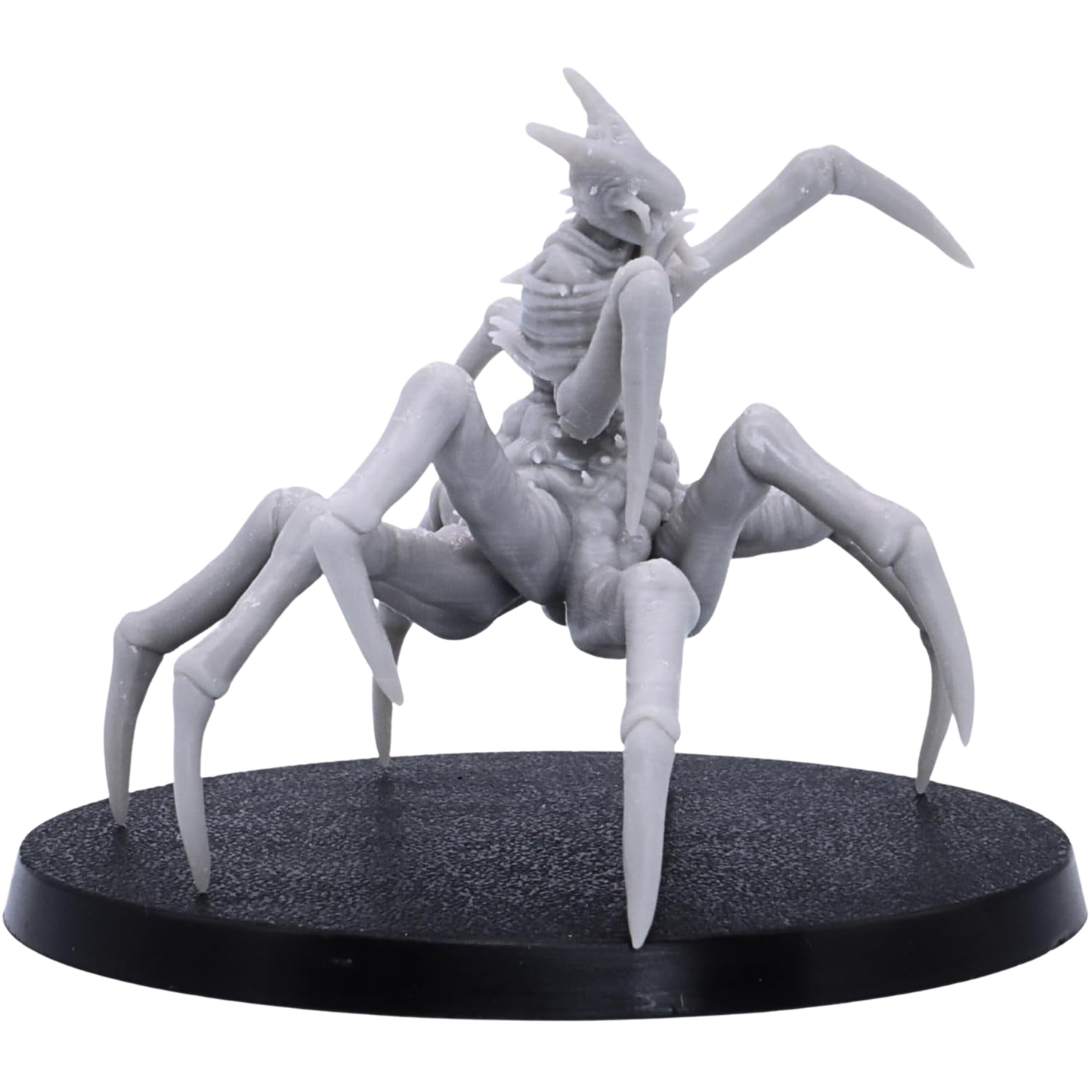 Top angled view of the Spider of Leng miniature showing its eight-legged body, pointed limbs, humanoid torso, and broad 50mm round base.