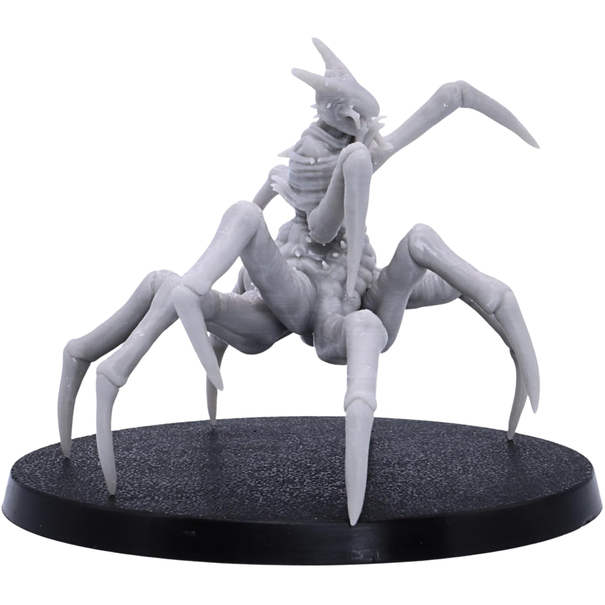 Top angled view of the Spider of Leng miniature showing its eight-legged body, pointed limbs, humanoid torso, and broad 50mm round base.