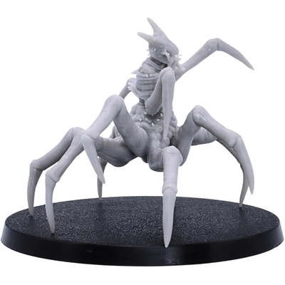 Top angled view of the Spider of Leng miniature showing its eight-legged body, pointed limbs, humanoid torso, and broad 50mm round base.