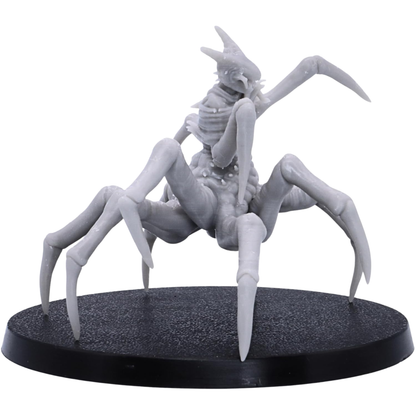 Top angled view of the Spider of Leng miniature showing its eight-legged body, pointed limbs, humanoid torso, and broad 50mm round base.