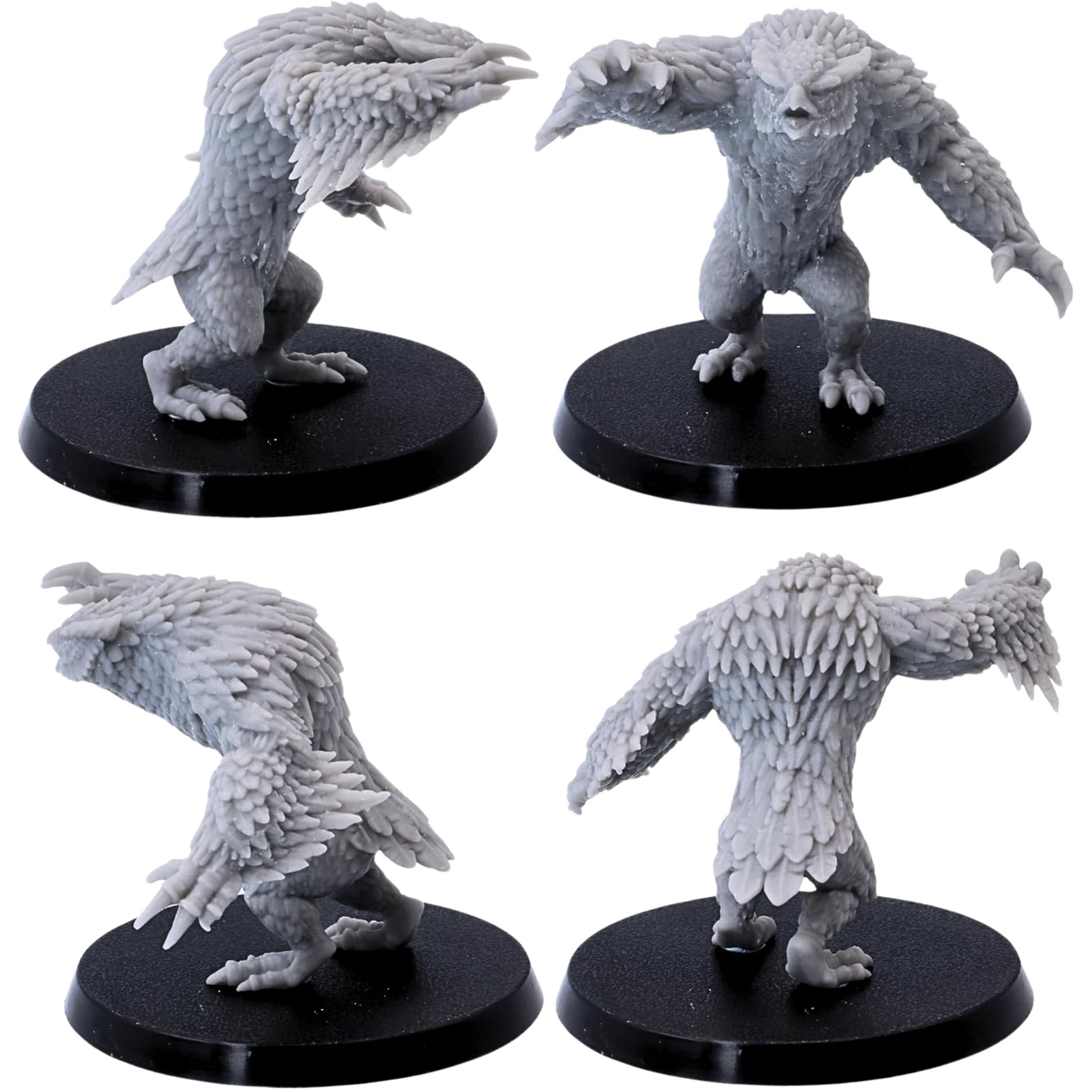 Unpainted standing Owlbear miniature shown from front, side, and rear angles.