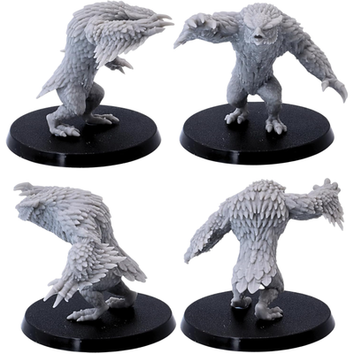 Unpainted standing Owlbear miniature shown from front, side, and rear angles.