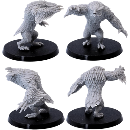Unpainted standing Owlbear miniature shown from front, side, and rear angles.