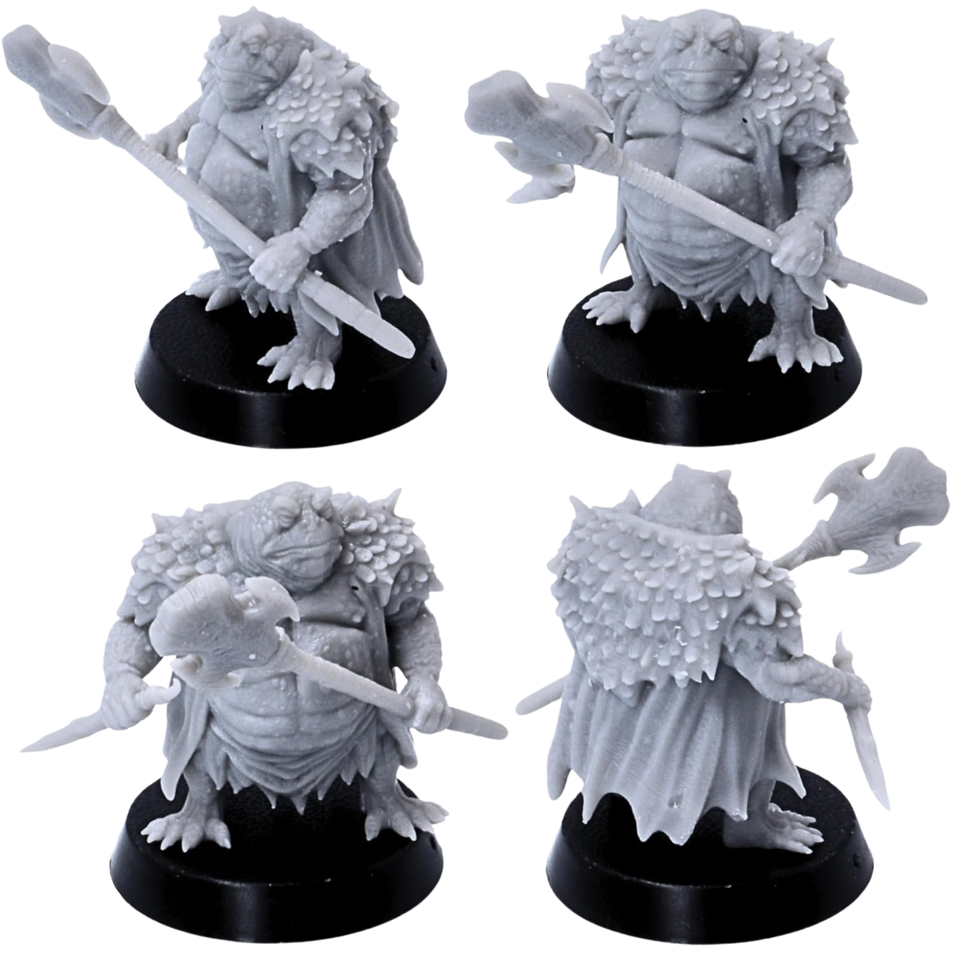 Unpainted Swamp Toad warrior miniature shown from multiple angles with large axe, scale-covered shoulders, cloak, and 25mm round base.
